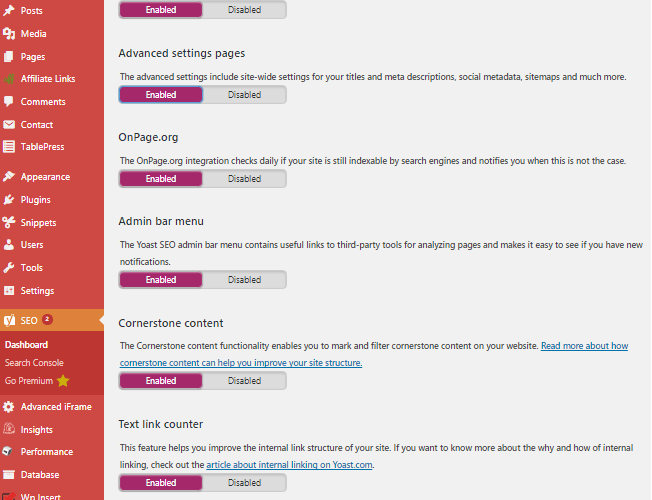 Yoast SEO Settings Menu