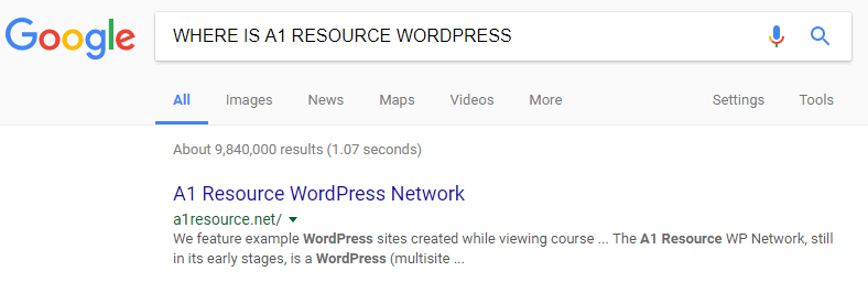 Google Search Results A1 Resource WordPress