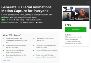 FREE Udemy October 23, 2017 - Generate 3D Facial Animations Motion Capture for Everyone