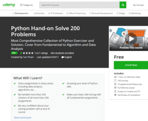 Udemy Free Oct 20 2017: Python Hand-on Solve 200 Problems