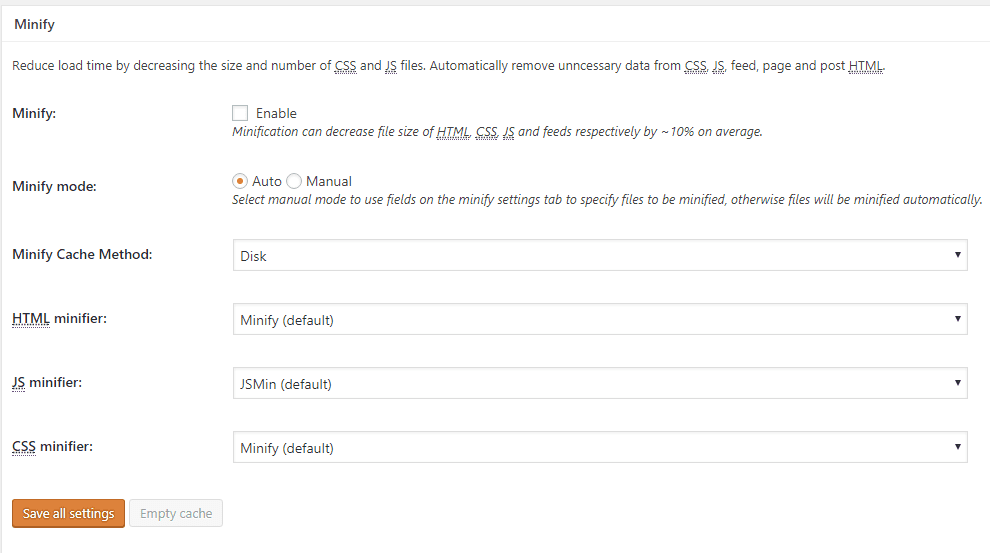W3 Total Cache Minify Settings