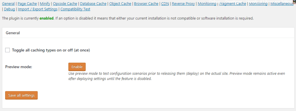 W3 Total Cache Toggle All Caching Types Off or Onl