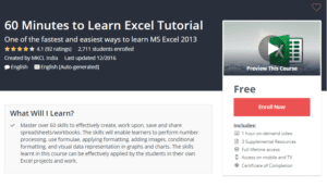 A1 Resource FREE Udemy Courses Nov 11, 2017 – 60 Minutes to Learn Excel Tutorial