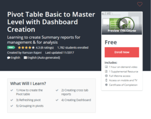 A1 Resource FREE Udemy Courses Nov 14, 2017 – Pivot Table Basic to Master Level with Dashboard Creation