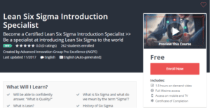 A1 Resource FREE Udemy Courses Nov 16, 2017 – Lean Six Sigma Introduction Specialist