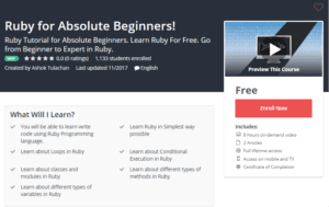 A1 Resource FREE Udemy Courses Nov 16, 2017 – Ruby for Absolute Beginners