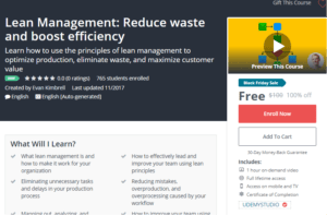 A1 Resource FREE Udemy Courses Nov 17, 2017 – Lean Management Reduce waste and boost efficiency