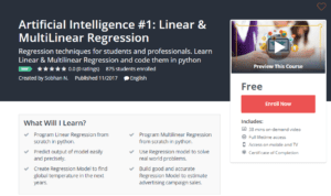 A1 Resource FREE Udemy Courses Nov 18, 2017 – Artificial Intelligence No 1 Linear and MultiLinear Regression