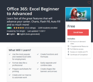 A1 Resource FREE Udemy Courses Nov 24, 2017 – Office 365 Excel Beginner to Advanced