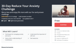 A1 Resource FREE Udemy Courses Nov 3 2017 30 Day Reduce Your Anxiety Challenge