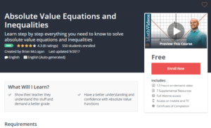 A1 Resource FREE Udemy Courses Nov 6 2017 Absolute Value Equations and Inequalities