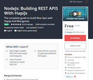A1 Resource FREE Udemy Courses Dec 11, 2017 – NodeJs Building REST APIS With HapiJs