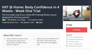 A1 Resource FREE Udemy Courses Dec 2, 2017 – HIIT AT Home Body Confidence in 4 Weeks Week One Trial