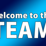 Two monitors with faces and sign Welcome to the Team.